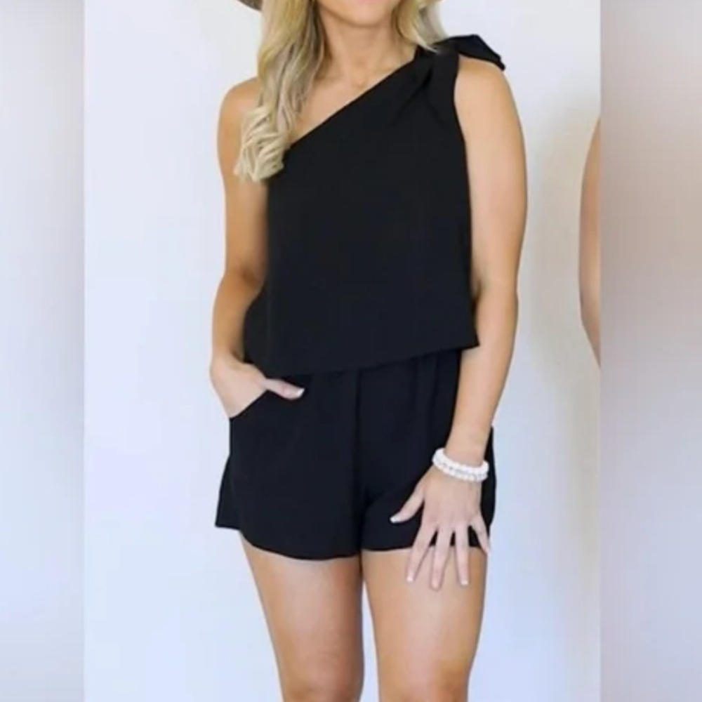 Pink Lily Black One Shoulder Romper